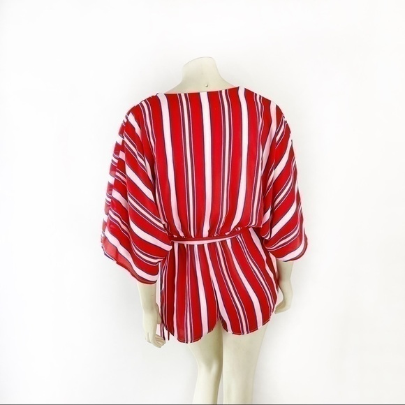 Lulus Spruce Red Multi Striped Kimono Sleeve Romper - Picture 4 of 8